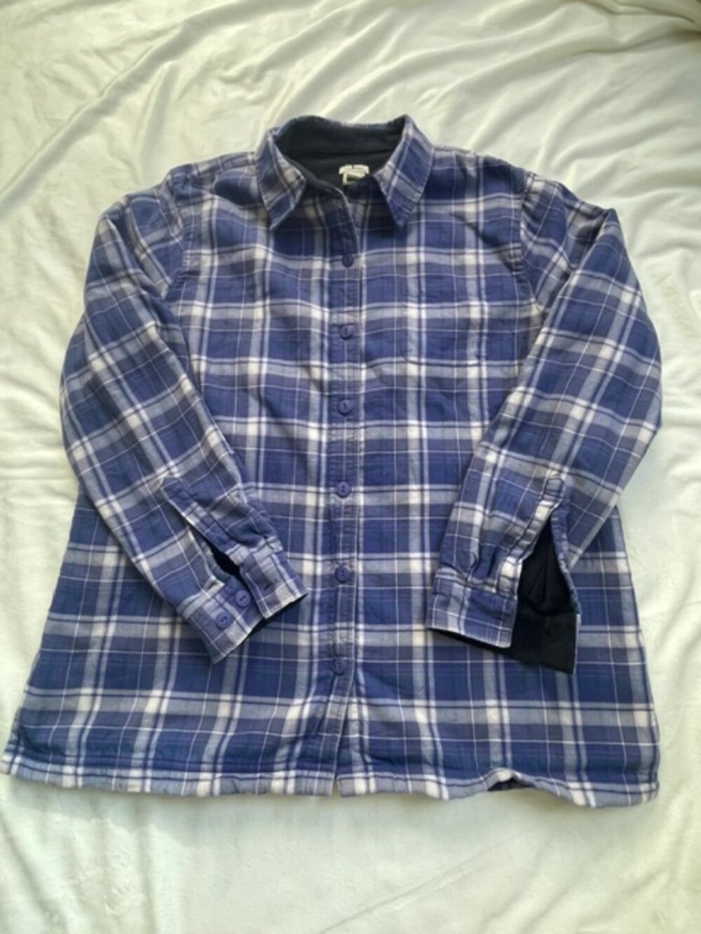 L.L.Bean Women’s Fleece-Lined Flannel Plaid Shirt Jacket, Blue, Size L